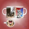 Taza sublimada de Seiya de Saint Seiya con armadura dorada, ojos azules y boca abierta magnificada en la base, fondo rojo