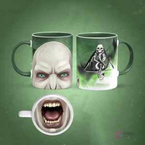 Taza sublimada de Harry Potter, cicatriz de rayo, gafas y boca gritando magnificada en la base, fondo rojo