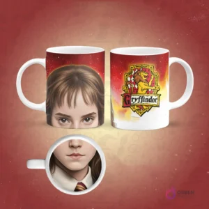 Taza sublimada de Ron Weasley con cabello pelirrojo y boca gritando magnificada en la base, fondo rojo