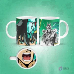Taza sublimada de Shun de Saint Seiya con armadura de Andrómeda, ojos verdes y boca abierta magnificada en la base, fondo rosa