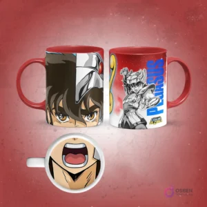 Taza sublimada de Shiryu de Saint Seiya con armadura de Dragón, ojos verdes y boca abierta magnificada en la base, fondo verde