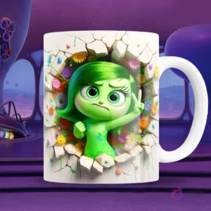 Taza blanca sublimada con personaje de Asco de Intensamente 2 en efecto 3D rompiendo una pared, con mirada de disgusto y flores alrededor
