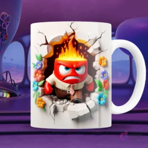 Taza blanca sublimada con personaje de Furia de Intensamente 2 en efecto 3D rompiendo una pared, con llamas en la cabeza y expresión de enfado