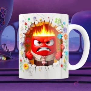 Taza blanca sublimada con personaje de Furia de Intensamente 2 en efecto 3D con puños cerrados, llamas en la cabeza y pared agrietada con flores