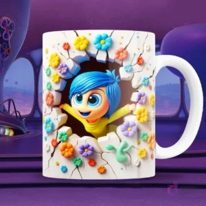 Taza blanca sublimada con personaje de Alegría de Intensamente 2 en efecto 3D rompiendo una pared, con brazos abiertos y sonrisa feliz, rodeada de flores