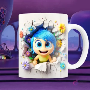 Taza blanca sublimada con personaje de Alegría de Intensamente 2 en efecto 3D asomándose por una pared rota, con expresión alegre y flores
