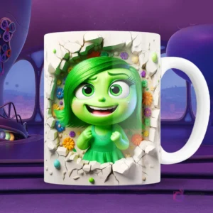 Taza blanca sublimada con personaje de Asco de Intensamente 2 en efecto 3D sonriendo, emergiendo de una pared agrietada llena de flores