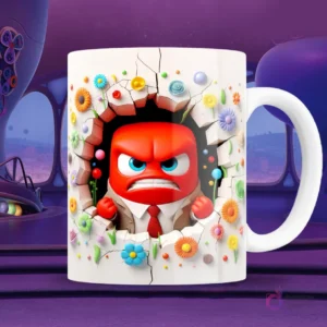 Taza blanca sublimada con personaje de Furia de Intensamente 2 en efecto 3D, en pose dinámica con llamas y rodeado de flores en colores pastel