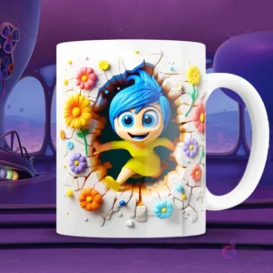 Taza blanca sublimada con personaje de Alegría de Intensamente 2 en efecto 3D, como si estuviera saltando de una pared con muchas flores