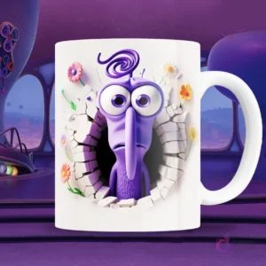 Taza blanca sublimada con personaje de Miedo de Intensamente 2 en efecto 3D, asustado y asomándose de una pared rota con flores minimalistas