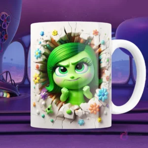 Taza blanca sublimada con personaje de Asco de Intensamente 2 en efecto 3D, enojada y con puños cerrados, rompiendo una pared con flores de colores