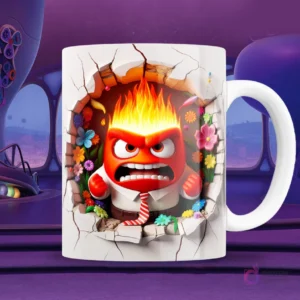 Taza blanca sublimada con personaje de Furia de Intensamente 2 en efecto 3D, con grandes llamas y expresión de gran enojo, rompiendo una pared