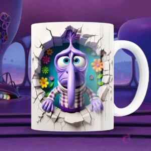 Taza blanca sublimada con personaje de Miedo de Intensamente 2 en efecto 3D, con suéter a cuadros y expresión de susto, saliendo de una pared con flores