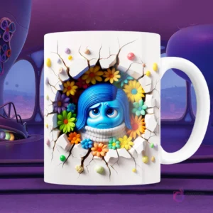 Taza blanca sublimada con personaje de Tristeza de Intensamente 2 en efecto 3D, pensativa y rodeada de una explosión de coloridas flores en una pared rota