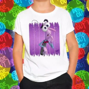 Polera infantil blanca con diseño de Miedo de Intensamente 2, personaje morado y delgado con expresión preocupada.