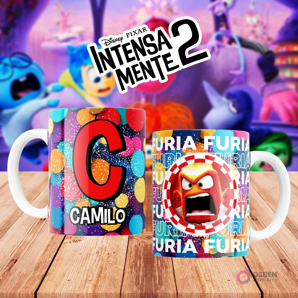 Mugs temáticos de Intensamente 2. Taza frontal con la letra 'C' en rojo sobre confeti multicolor y nombre 'CAMILO'. Taza trasera con el personaje Furia de Disney Pixar y la palabra 'FURIA'. Fondo borroso de la película. Mugs temáticos de Intensamente 2. Taza frontal con la letra 'C' en rojo sobre confeti multicolor y nombre 'CAMILO'. Taza trasera con el personaje Furia de Disney Pixar y la palabra 'FURIA'. Fondo borroso de la película.