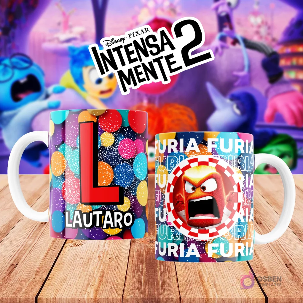 Mugs temáticos de Intensamente 2. Taza frontal con la letra 'L' en rojo sobre confeti multicolor y nombre 'LAUTARO'. Taza trasera con el personaje Furia de Disney Pixar y la palabra 'FURIA'. Fondo borroso de la película. Mugs temáticos de Intensamente 2. Taza frontal con la letra 'L' en rojo sobre confeti multicolor y nombre 'LAUTARO'. Taza trasera con el personaje Furia de Disney Pixar y la palabra 'FURIA'. Fondo borroso de la película.