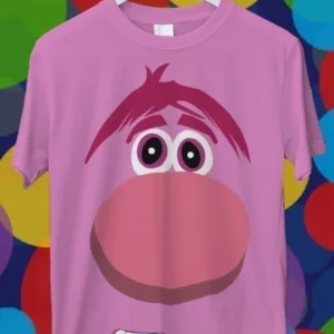 Diseño para sublimación de Bing Bong de Intensamente, personaje rosa con nariz grande y redonda, ojos pequeños y sonrisa en una polera rosa.