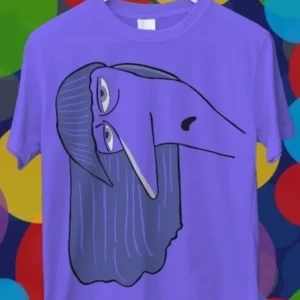 Diseño para sublimación de Ennui de Intensamente 2, personaje morado con rostro alargado y mirada aburrida con cabello largo en una polera violeta.