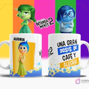 Taza de sublimación blanca con diseño de Alegría de Intensamente 2, texto 'UNA GRAN DOSIS DE CAFÉ Y ALEGRÍA' en azul y naranja, fondo multicolor.