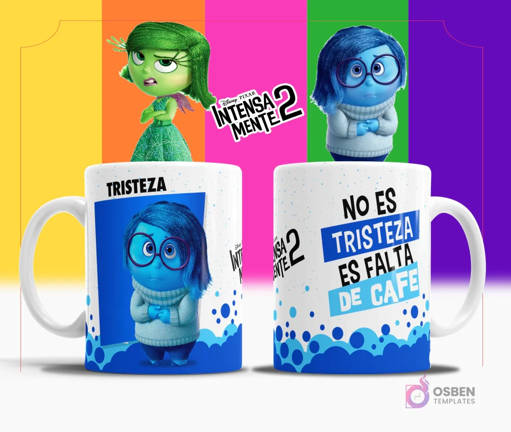 Taza de sublimación blanca con diseño de Tristeza de Intensamente 2, texto 'NO ES TRISTEZA ES FALTA DE CAFÉ' en azul y blanco, fondo multicolor. Taza de sublimación blanca con diseño de Tristeza de Intensamente 2, texto 'NO ES TRISTEZA ES FALTA DE CAFÉ' en azul y blanco, fondo multicolor.