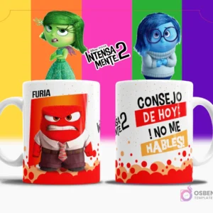Taza de sublimación blanca con diseño de Furia de Intensamente 2, texto 'CONSEJO DE HOY: ¡NO ME HABLES!' en rojo y naranja, fondo multicolor.