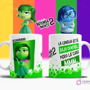Taza de sublimación blanca con diseño de Desagrado de Intensamente 2, texto 'LA LENGUA ESTÁ BAJO CONTROL PERO LA CARA MMM' en verde y blanco, fondo multicolor.