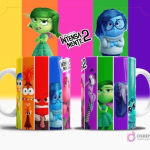 Taza de sublimación blanca con un diseño vertical de franjas de colores, cada una con un personaje de Intensamente 2 y el logo del filme.