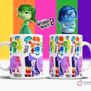 Taza de sublimación blanca con un diseño repetitivo de pequeños personajes de Intensamente 2 sobre un fondo blanco con manchas de colores pastel.