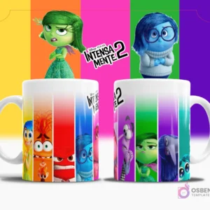 Taza de sublimación blanca con un diseño vertical de franjas de colores vibrantes, mostrando a todos los personajes de Intensamente 2 y el logo de Disney y Pixar, vista frontal.