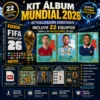 Kit Imprimible Álbum Mundial 2026 digital con el trofeo de la Copa Mundial, láminas de Messi, Ronaldo, Mbappé, y logos de FIFA World Cup 26, destacando 22 selecciones en alta resolución y acceso a futuras actualizaciones.