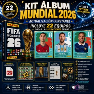 Kit Imprimible Álbum Mundial 2026 digital con el trofeo de la Copa Mundial, láminas de Messi, Ronaldo, Mbappé, y logos de FIFA World Cup 26, destacando 22 selecciones en alta resolución y acceso a futuras actualizaciones.
