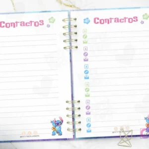 Páginas de Contactos del kit imprimible Agenda Stitch 2026, diseño funcional para registrar información importante con ilustraciones del personaje.