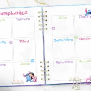 Páginas de Cumpleaños del kit imprimible Agenda Stitch 2026, con espacios mensuales para registrar fechas importantes y dibujos de Stitch.