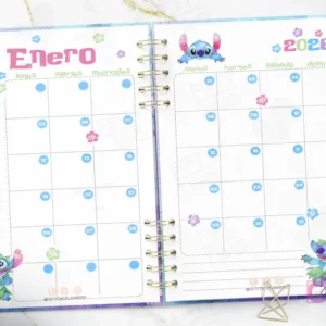 Vista de la página mensual de Enero 2026 del kit imprimible Agenda Stitch, con diseño de calendario y dibujos de Stitch y flores.