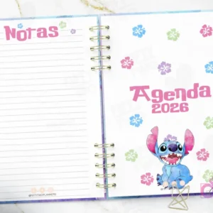 Página de notas y la portada interna del kit imprimible Agenda Stitch 2026, con un Stitch sonriente y diseño floral. Espacio para apuntes.