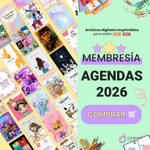 Collage de portadas de agendas digitales 2026 con temáticas variadas como Harry Potter, Stitch, Minnie, BTS y Snoopy. Banner lateral verde claro con texto 'Membresía Agendas 2026 Archivos digitales imprimibles para editar PPT PDF'.