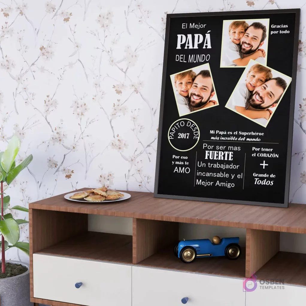 Diseño de cuadro imprimible para el Día del Padre con el texto 'El Mejor Papá del Mundo', 'Papito desde 2017' y fotos de padre e hijos, presentado en un mockup de ambiente hogareño moderno con un mueble bajo y elementos decorativos. Diseño de cuadro imprimible para el Día del Padre con el texto 'El Mejor Papá del Mundo', 'Papito desde 2017' y fotos de padre e hijos, presentado en un mockup de ambiente hogareño moderno con un mueble bajo y elementos decorativos.