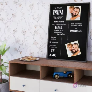 Mockup de cuadro imprimible para el Día del Padre con diseño que celebra a Papá como 'Superhéroe' y destaca el amor y la gratitud por contar cuentos, en un entorno de sala de estar con papel tapiz floral y una planta.