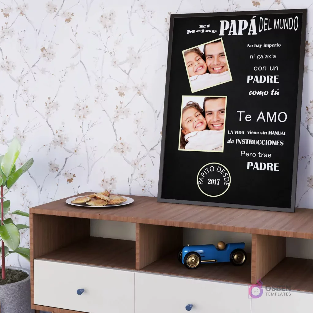 Representación de cuadro imprimible para el Día del Padre con la poderosa frase 'No hay imperio ni galaxia con un PADRE como tú', celebrando la singularidad e irremplazable presencia del padre, con fotos de padre e hijos. Representación de cuadro imprimible para el Día del Padre con la poderosa frase 'No hay imperio ni galaxia con un PADRE como tú', celebrando la singularidad e irremplazable presencia del padre, con fotos de padre e hijos.