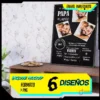 Mockup de cuadro imprimible para el Día del Padre con marco negro, fotos de padre e hijos y textos emotivos, sobre un mueble de madera claro con fondo de pared con flores y planta verde, destacando banners de 'ENVIO INMEDIATO' y 'INCLUYE MOCKUP 6 DISEÑOS FORMATO > PNG'.