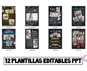 Muestrario de las 12 plantillas editables PPT del kit imprimible Día del Padre, mostrando la variedad de diseños estilo pizarra disponibles.