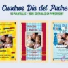 Primeros tres diseños de cuadros editables del Kit Imprimible Día del Padre en PowerPoint: superhéroe amarillo, clásico rojo y azul con corbata, con fotos de padres e hijos.