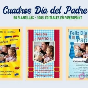 Primeros tres diseños de cuadros editables del Kit Imprimible Día del Padre en PowerPoint: superhéroe amarillo, clásico rojo y azul con corbata, con fotos de padres e hijos.