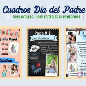 Tres diseños adicionales del Kit Imprimible Día del Padre: estilo 'rey de mi castillo' en tonos pastel, efecto pizarra con mensaje emotivo, y diseño tipo tira de película con fotos.