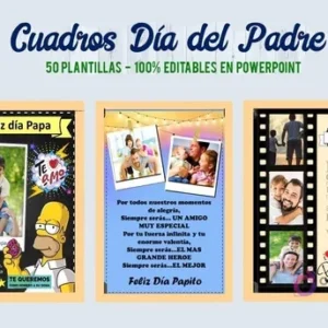 Más ejemplos de plantillas del Kit Imprimible Día del Padre: diseño divertido con Homer Simpson, cuadro con luces cálidas para fotos, y emotivo diseño tipo tira de película con siluetas.