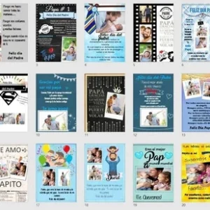 Vista en cuadrícula de los primeros 21 diseños de cuadros para el Día del Padre del kit imprimible, mostrando la diversidad de estilos, colores y mensajes editables en PowerPoint.