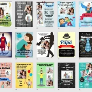 Continuación de la vista en cuadrícula con 21 diseños más (del 22 al 42) del Kit Imprimible Día del Padre, exhibiendo opciones variadas para fotos, textos y temáticas.