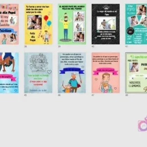 Últimos diseños (del 43 al 50) de la colección de cuadros imprimibles para el Día del Padre, con una vista general de las opciones restantes, incluyendo diseños creativos y personalizados.