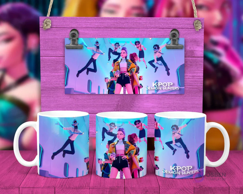 Taza sublimada con tres personajes femeninos KPOP Demon Hunters saltando o levitando en ambiente urbano Taza sublimada con tres personajes femeninos KPOP Demon Hunters saltando o levitando en ambiente urbano
